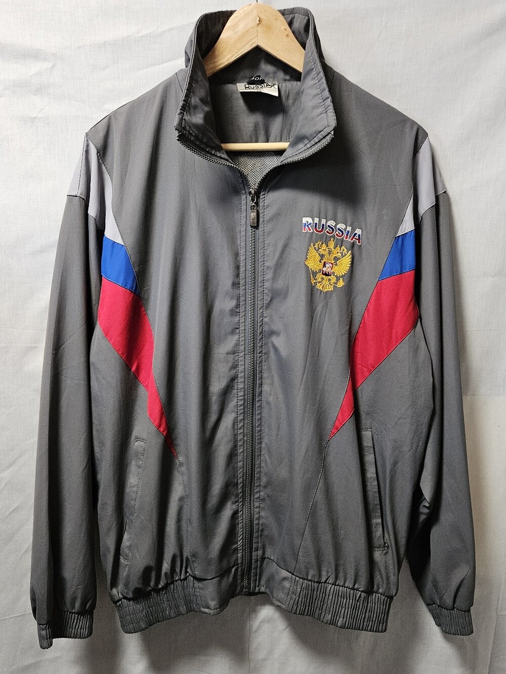VTG Russia Gray Windbreaker Sports Jacket with Red & Blue Accents mens Sz XXL